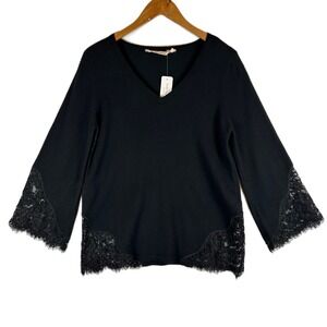 NWT Soft Surroundings Small‎ Petite Pujili Sweater Black Lace Trim V Neck Top PS